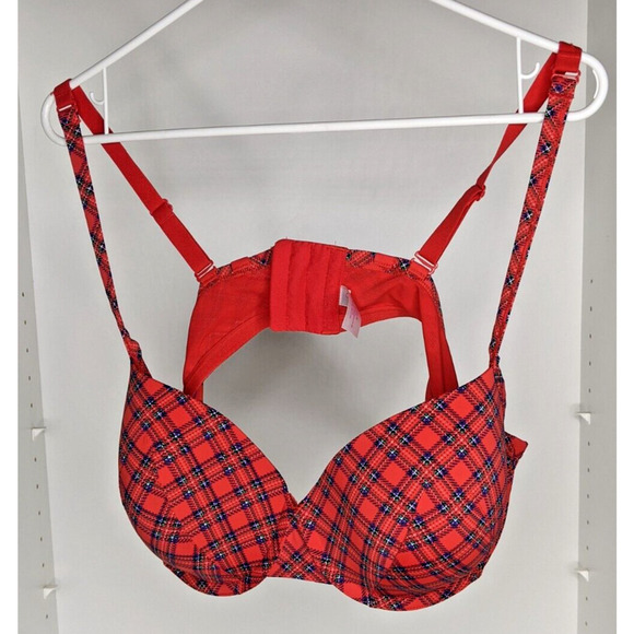 Lane Bryant Cacique Bra 44C Lightly Lined Plunge Red Blue Green Plaid - Picture 2 of 7